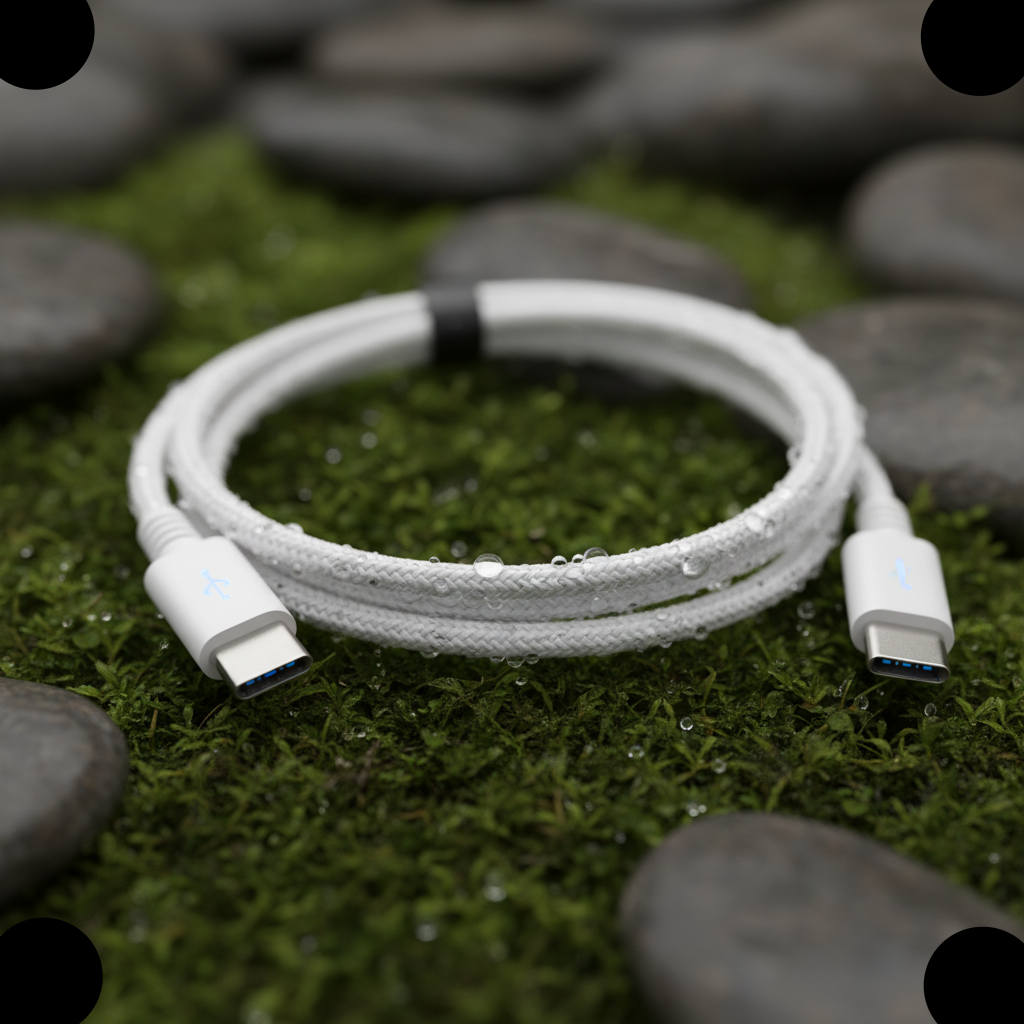 Coiled white USB-C cable on a grassy surface with stones in the background