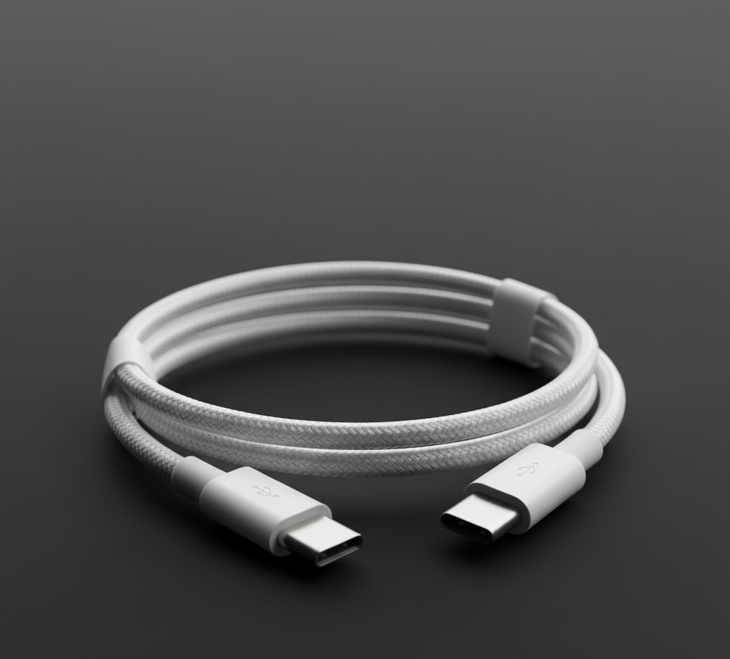 White USB cable with connectors on a dark gray background