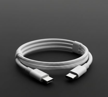White USB cable with connectors on a dark gray background