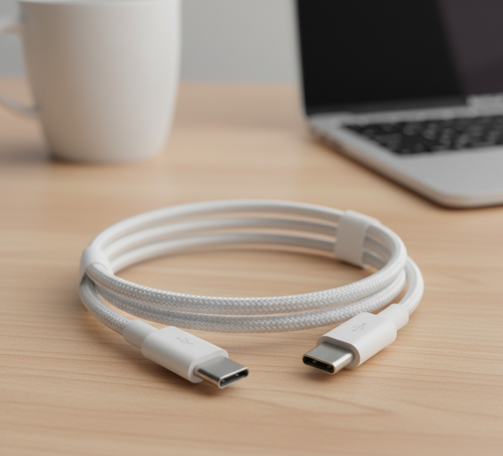 White braided USB-C cable on a wooden desk with a laptop and mug in the background
